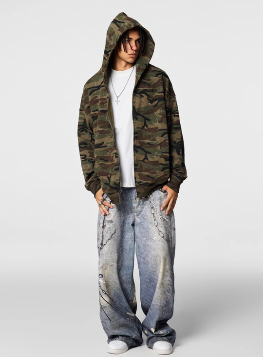 Achock Patch Embroidery Camouflage Zip Up Hoodie | Face 3 Face
