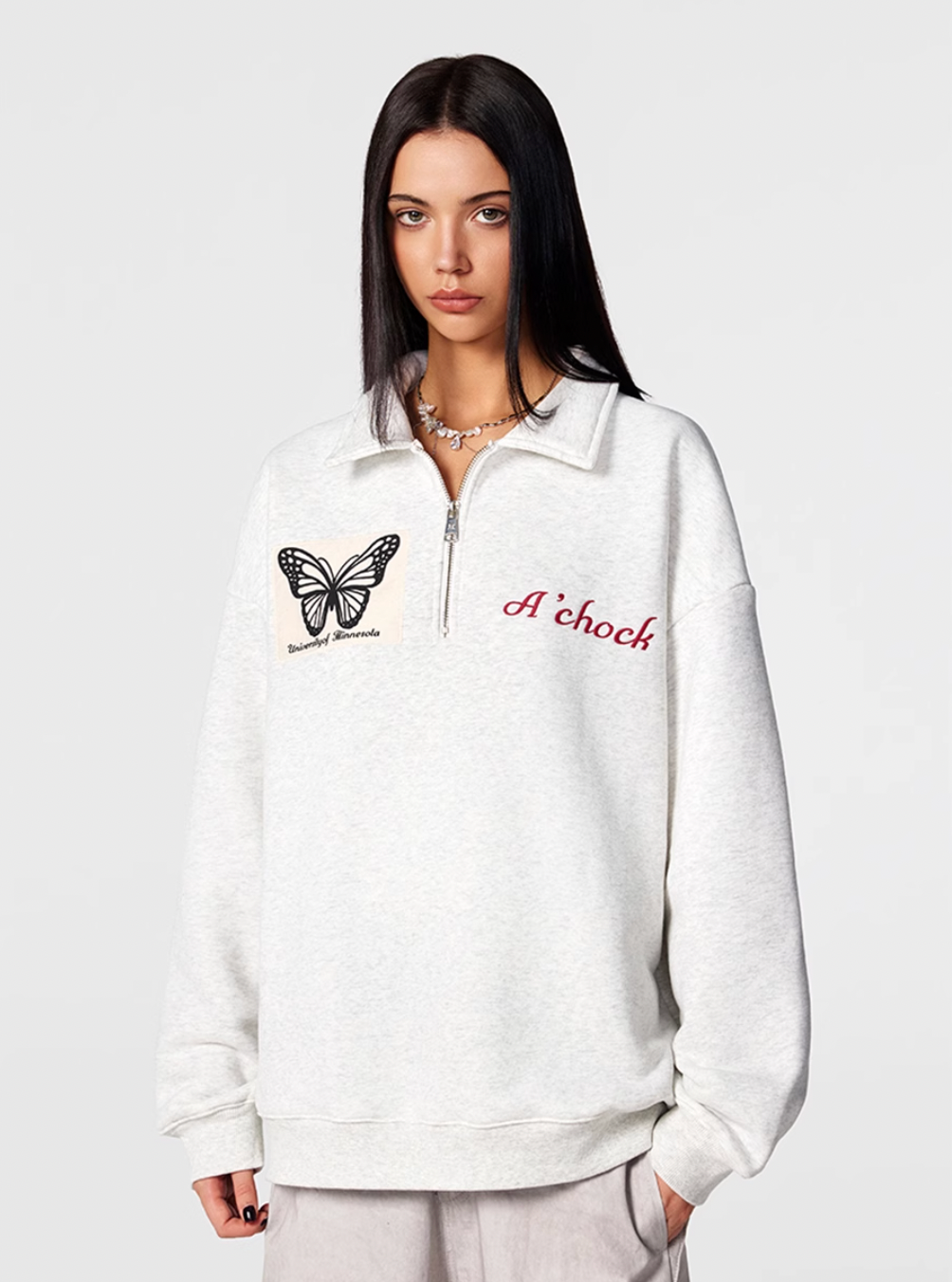 Achock Butterfly Patch Embroidered Half-Zip Sweatshirt | Face 3 Face