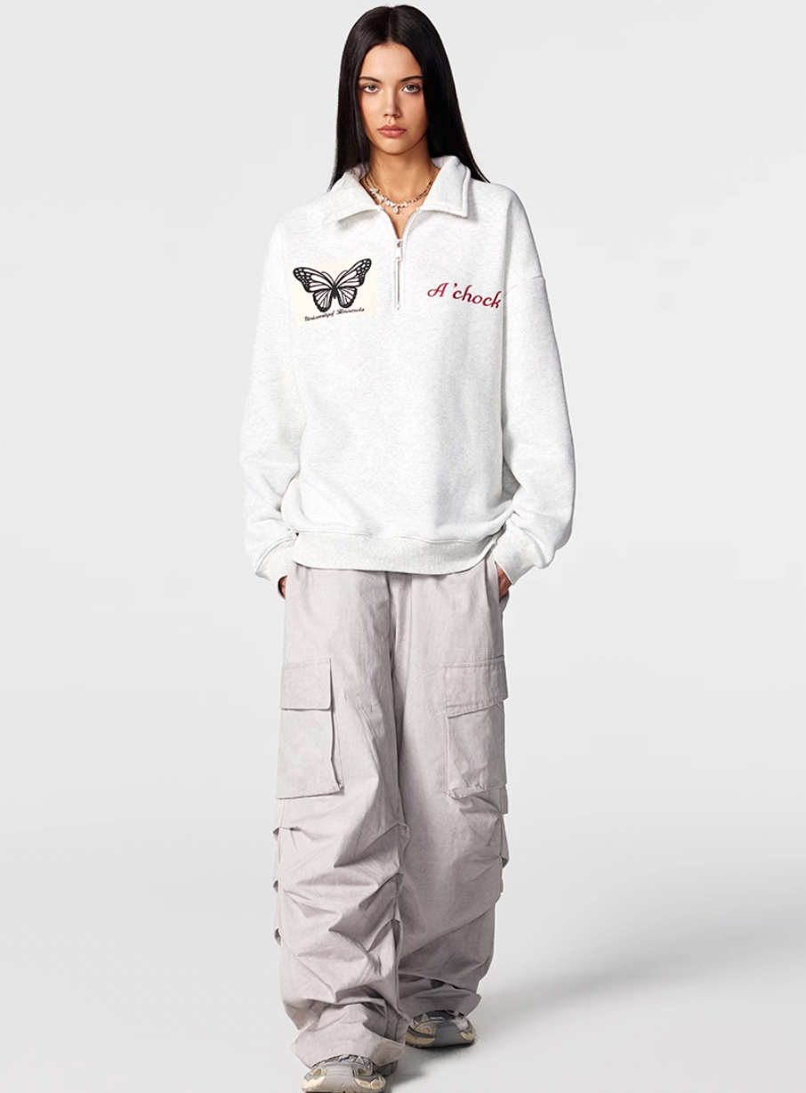 Achock Butterfly Patch Embroidered Half-Zip Sweatshirt | Face 3 Face