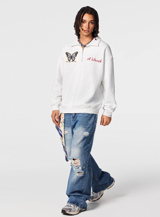 Achock Butterfly Patch Embroidered Half-Zip Sweatshirt | Face 3 Face