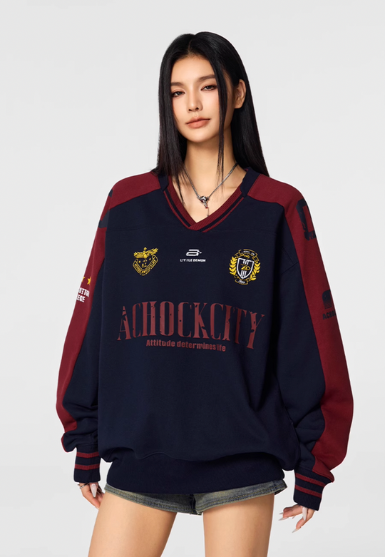 Achock Letter Printed Color Blocked V-Neck Sweatshirt | Face 3 Face