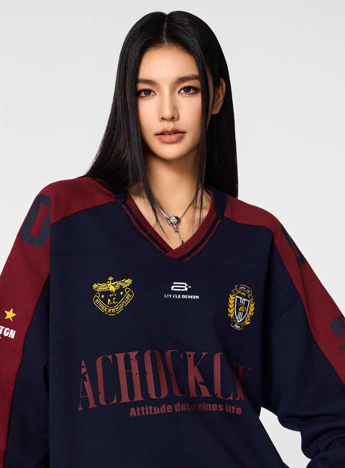 Achock Letter Printed Color Blocked V-Neck Sweatshirt | Face 3 Face