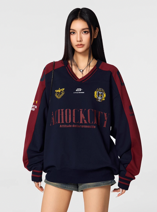Achock Letter Printed Color Blocked V-Neck Sweatshirt | Face 3 Face