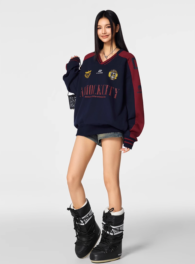 Achock Letter Printed Color Blocked V-Neck Sweatshirt | Face 3 Face