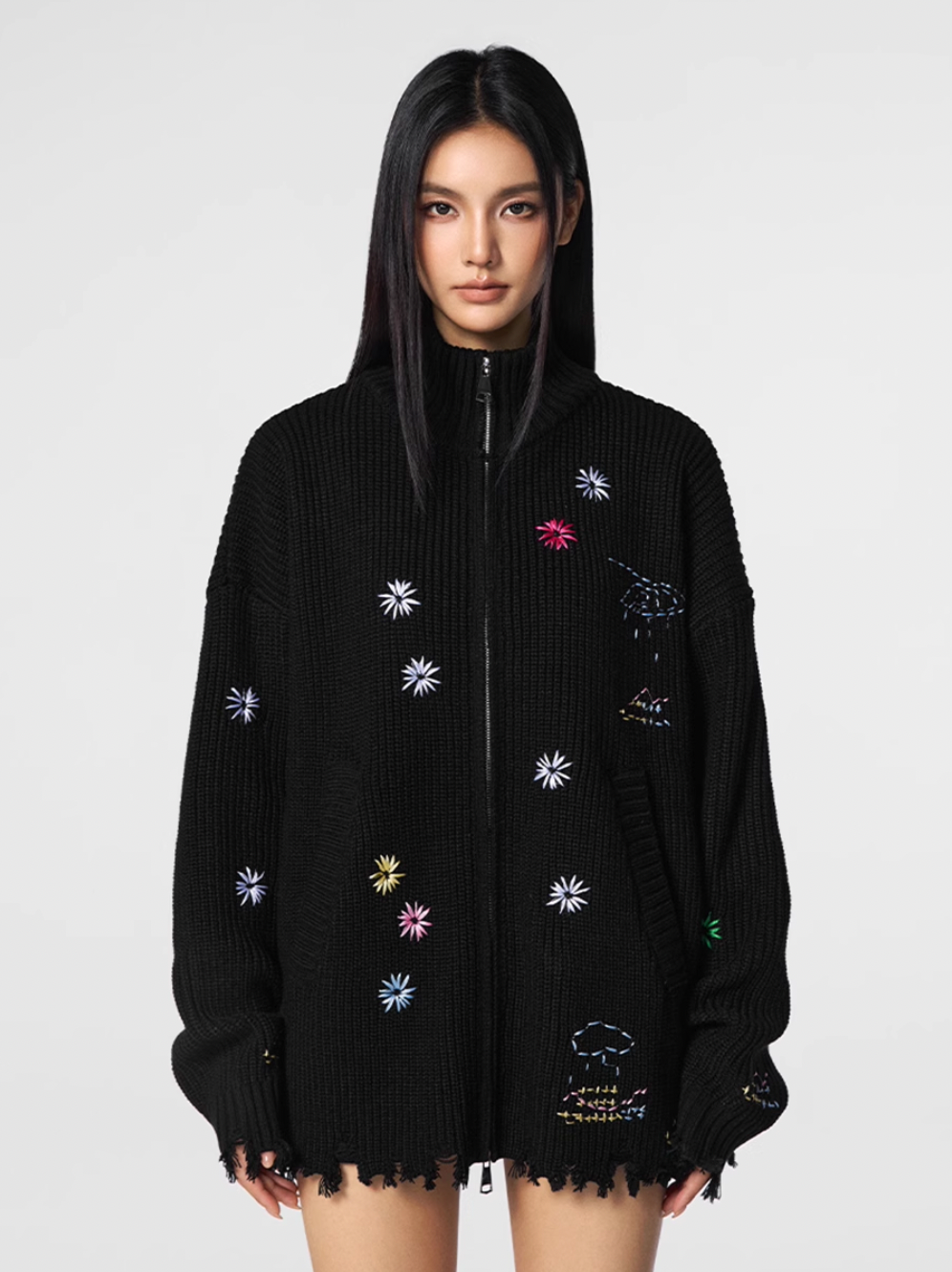 Achock Floral Embroidery Zipper Hoodie | Face 3 Face