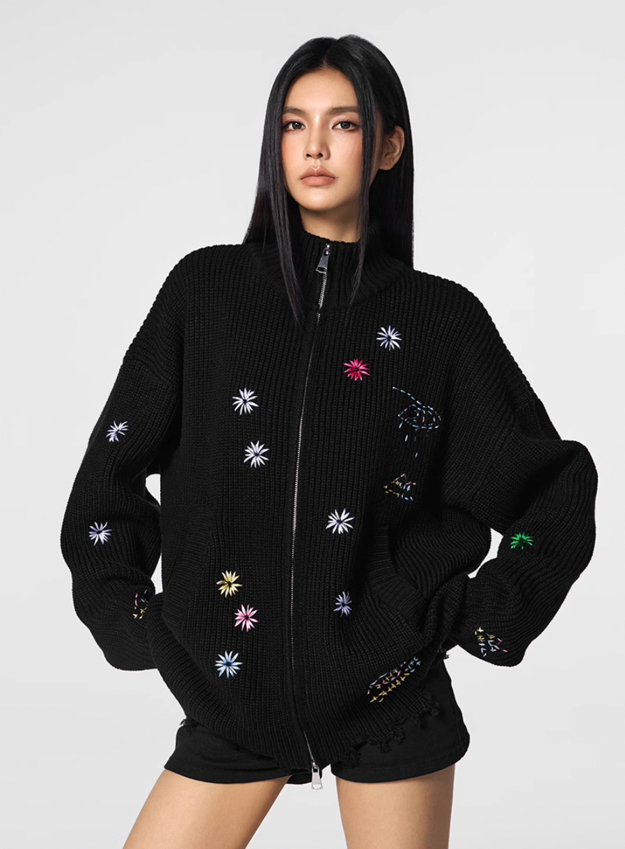 Achock Floral Embroidery Zipper Hoodie | Face 3 Face