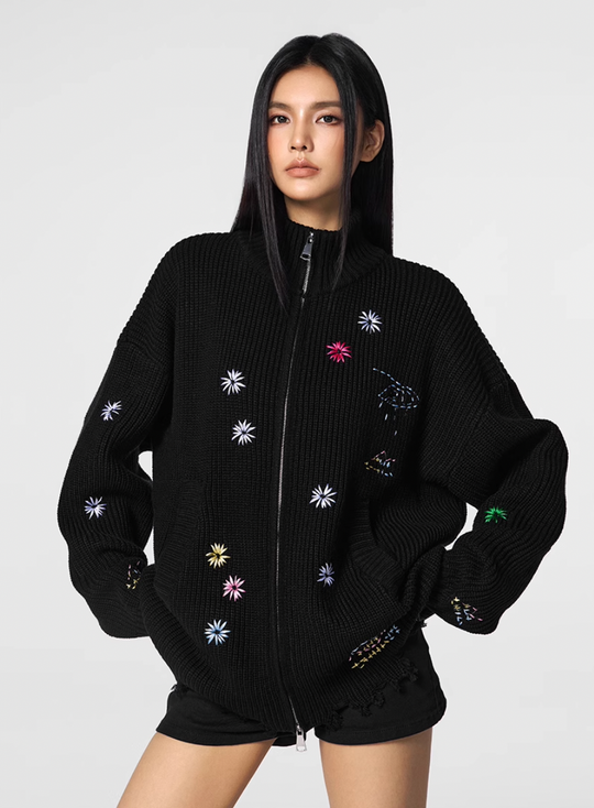 Achock Floral Embroidery Zipper Hoodie | Face 3 Face