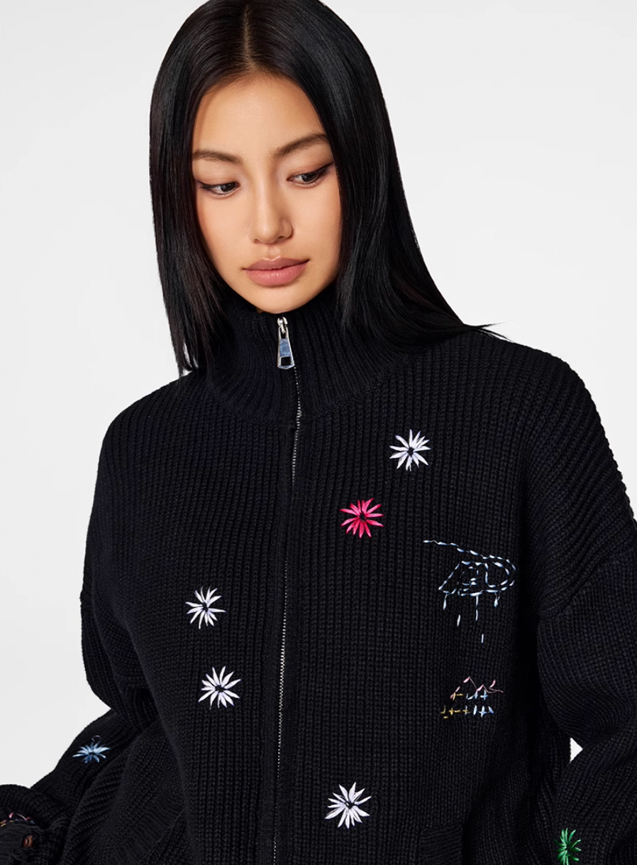 Achock Floral Embroidery Zipper Hoodie | Face 3 Face