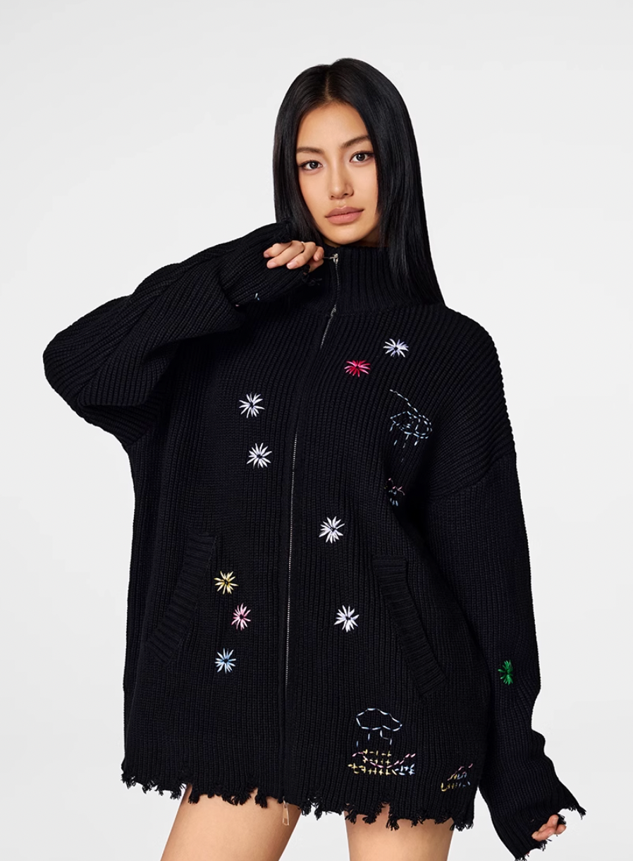 Achock Floral Embroidery Zipper Hoodie | Face 3 Face