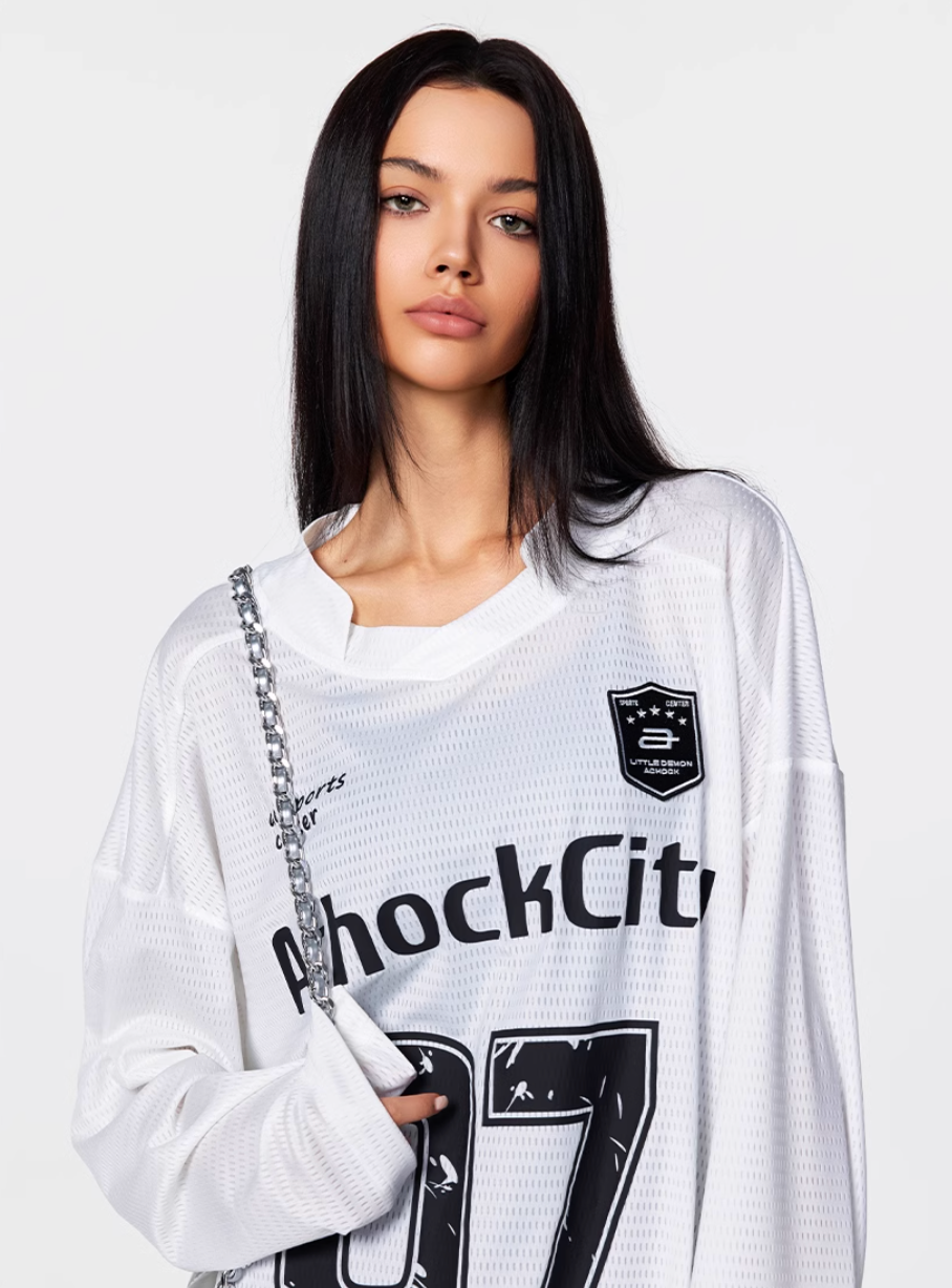 Achock Logo 07 Numbered Long Sleeve Sports Mesh Jersey | Face 3 Face