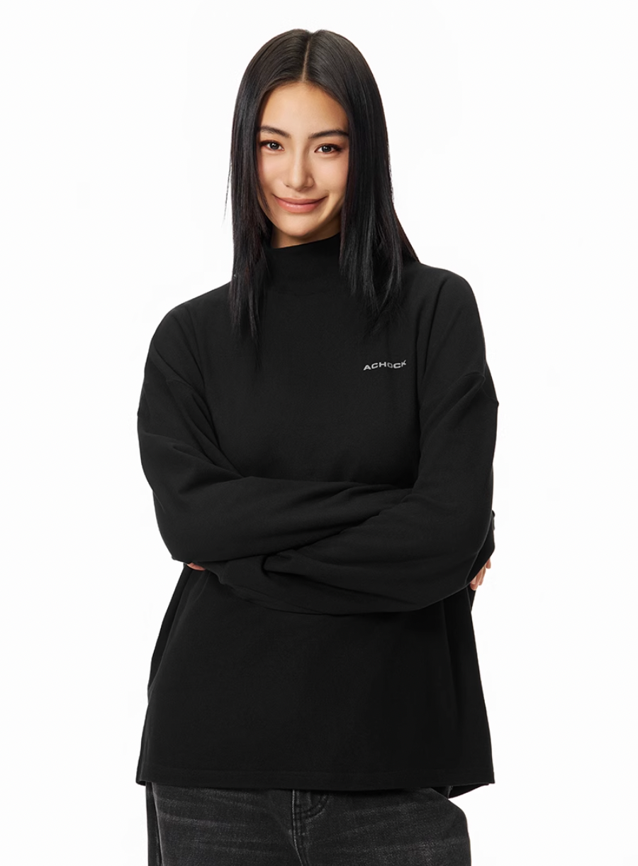 Achock Half High Neck Basic Logo Long Sleeve Tee | Face 3 Face