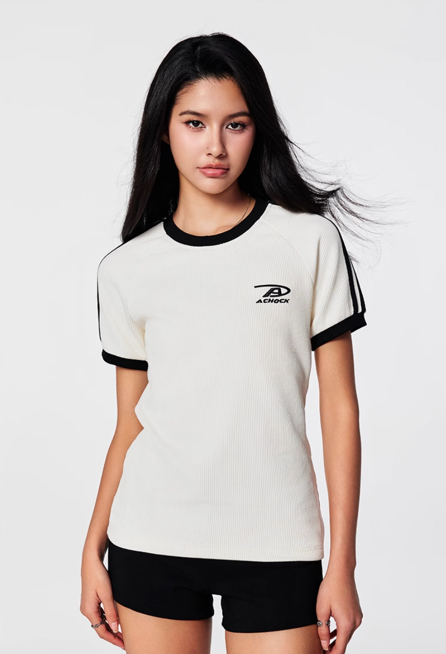 Achock Striped Girls Slim Short Waffle Knit Tee | Face 3 Face