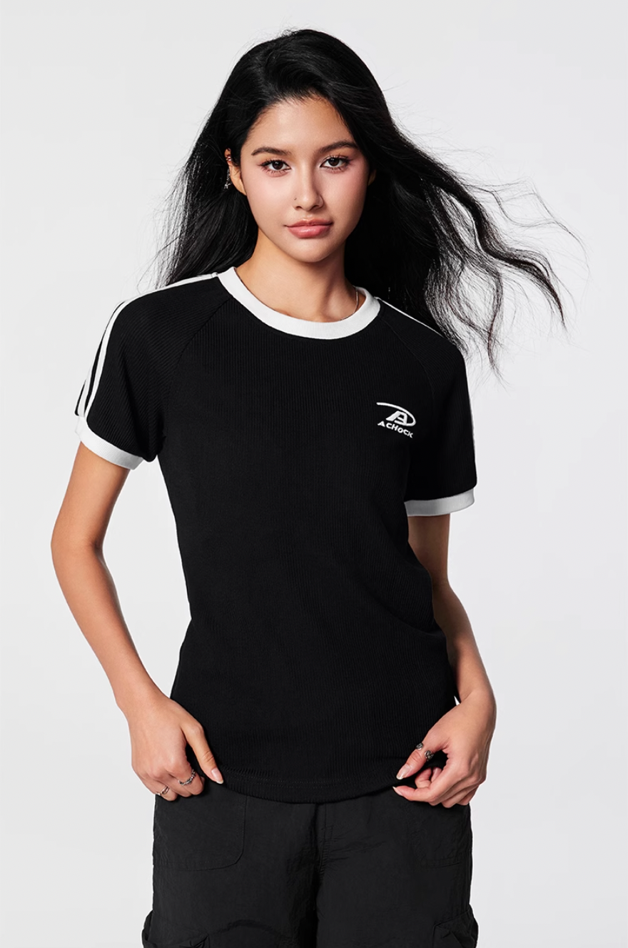 Achock Striped Girls Slim Short Waffle Knit Tee | Face 3 Face