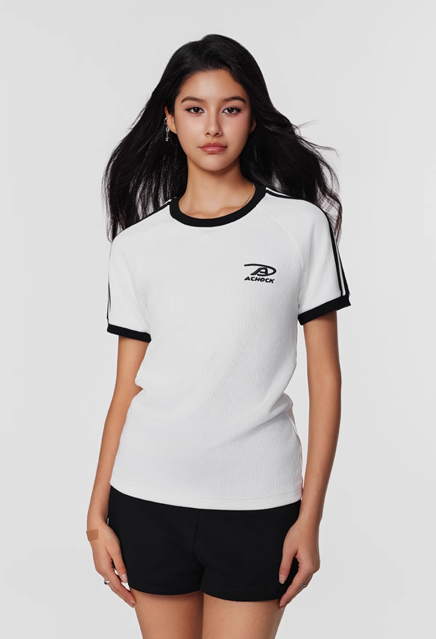 Achock Striped Girls Slim Short Waffle Knit Tee | Face 3 Face