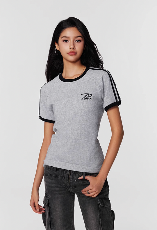 Achock Striped Girls Slim Short Waffle Knit Tee | Face 3 Face