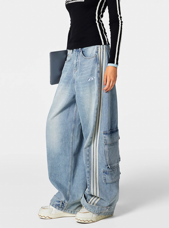 Achock Striped Multi Pocket Work Baggy Jeans | Face 3 Face