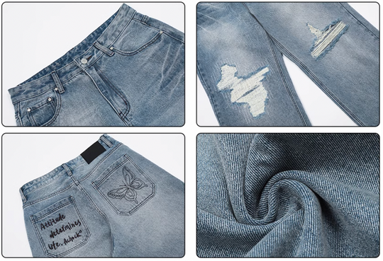 Achock Butterfly Washed Broken Hole Distressed Jeans | Face 3 Face
