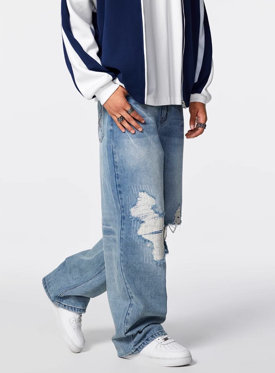Achock Butterfly Washed Broken Hole Distressed Jeans | Face 3 Face