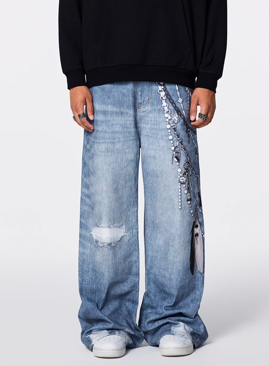 Cargo jeans | Achock Digital 3D Printing Chain Baggy Jeans | Face 3 Face