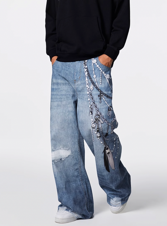 Cargo jeans | Achock Digital 3D Printing Chain Baggy Jeans | Face 3 Face