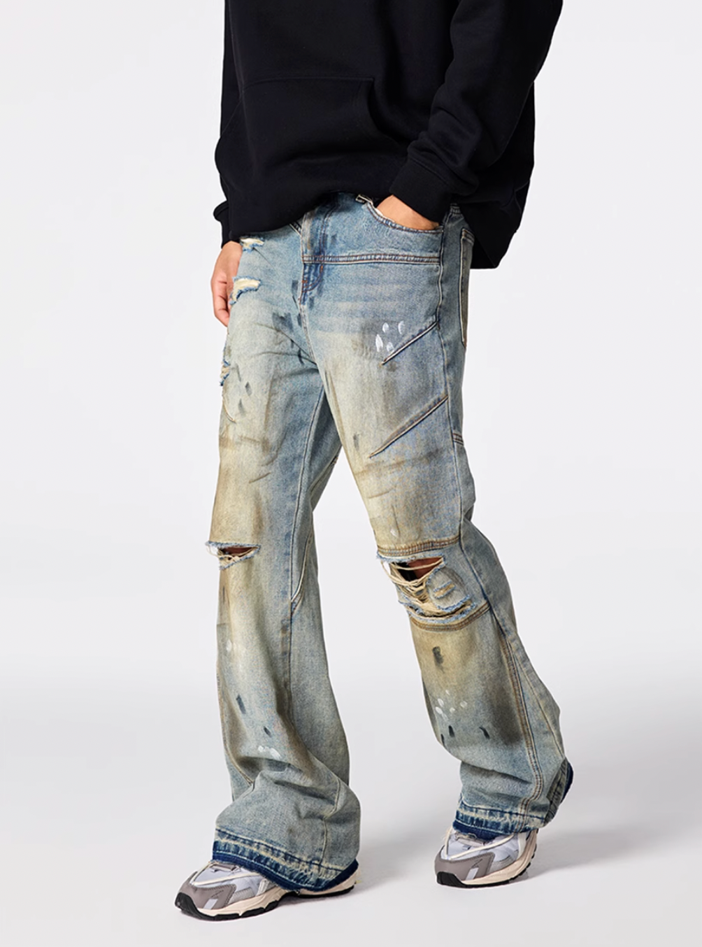 Achock Patchwork Stitching Worn Holes Washed Flared Jeans | Face 3 Face