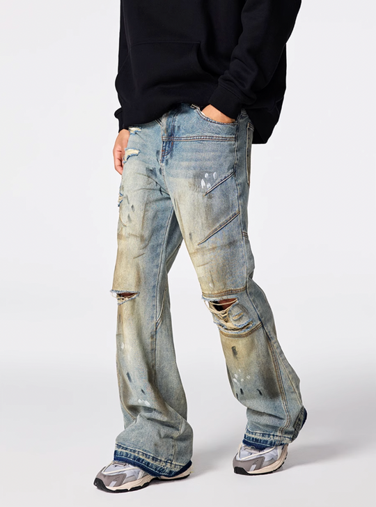 Achock Patchwork Stitching Worn Holes Washed Flared Jeans | Face 3 Face