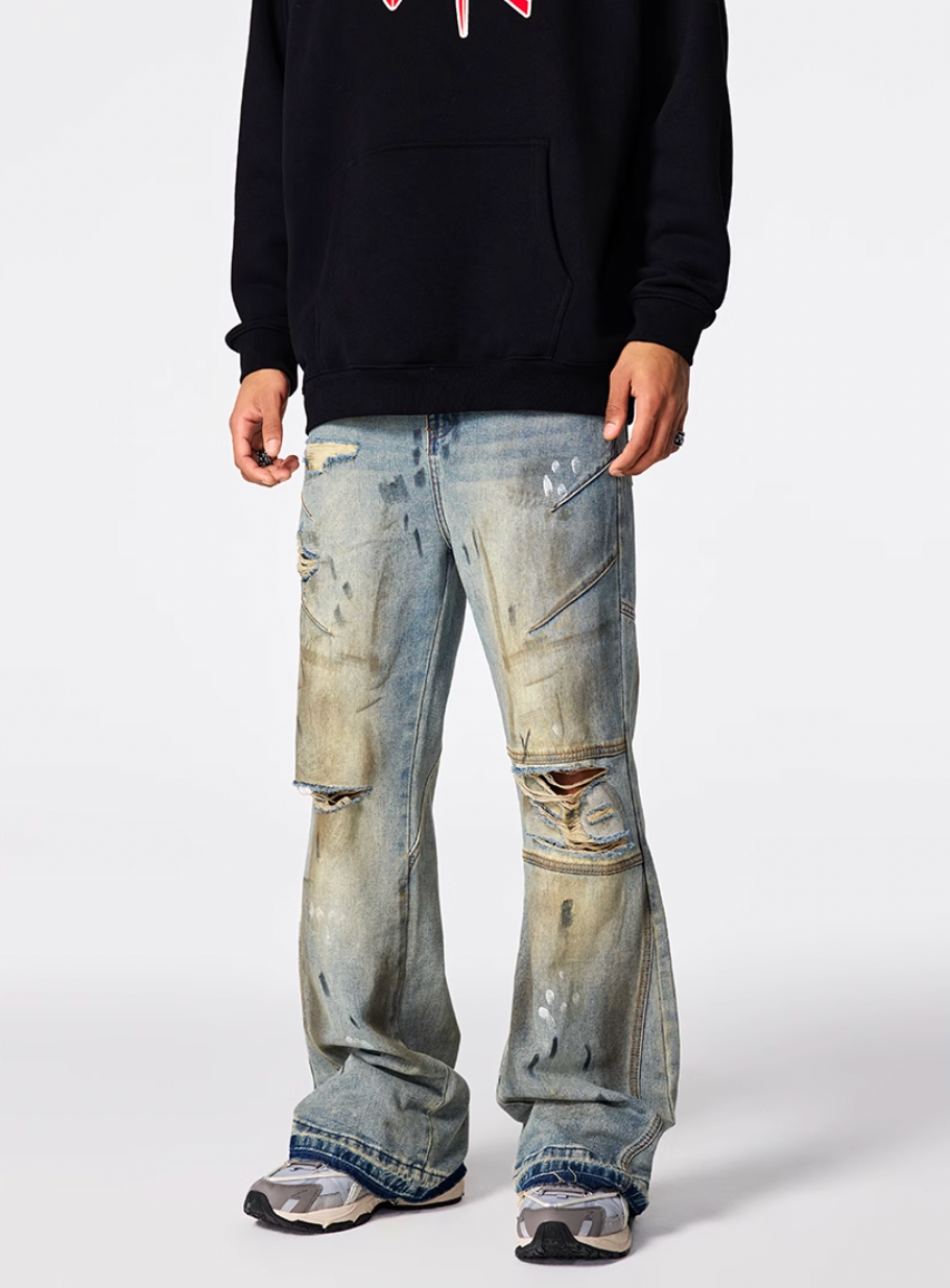 Achock Patchwork Stitching Worn Holes Washed Flared Jeans | Face 3 Face