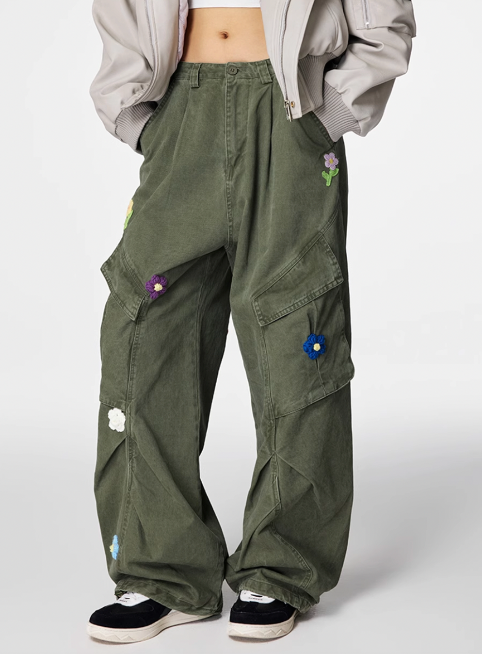 Achock Washed Multi Pocket Flower Embroidery Work Cargo Pants | Face 3 Face