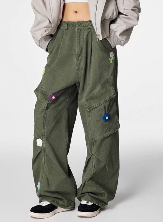Achock Washed Multi Pocket Flower Embroidery Work Cargo Pants | Face 3 Face