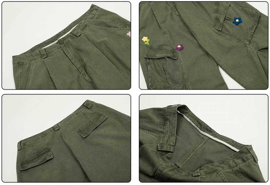 Achock Washed Multi Pocket Flower Embroidery Work Cargo Pants | Face 3 Face