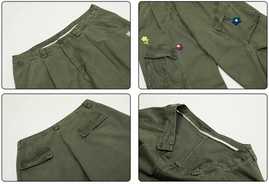 Achock Washed Multi Pocket Flower Embroidery Work Cargo Pants | Face 3 Face