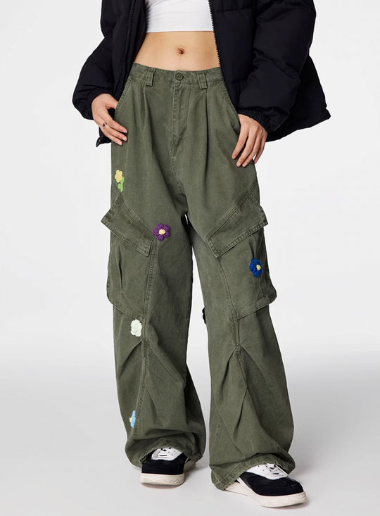 Achock Washed Multi Pocket Flower Embroidery Work Cargo Pants | Face 3 Face