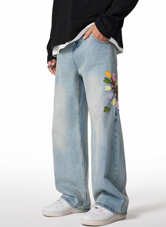 Achock Washed Flower Embroidered Jeans | Face 3 Face