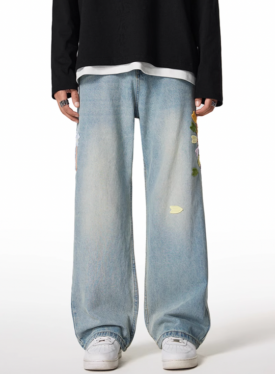 Achock Washed Flower Embroidered Jeans | Face 3 Face