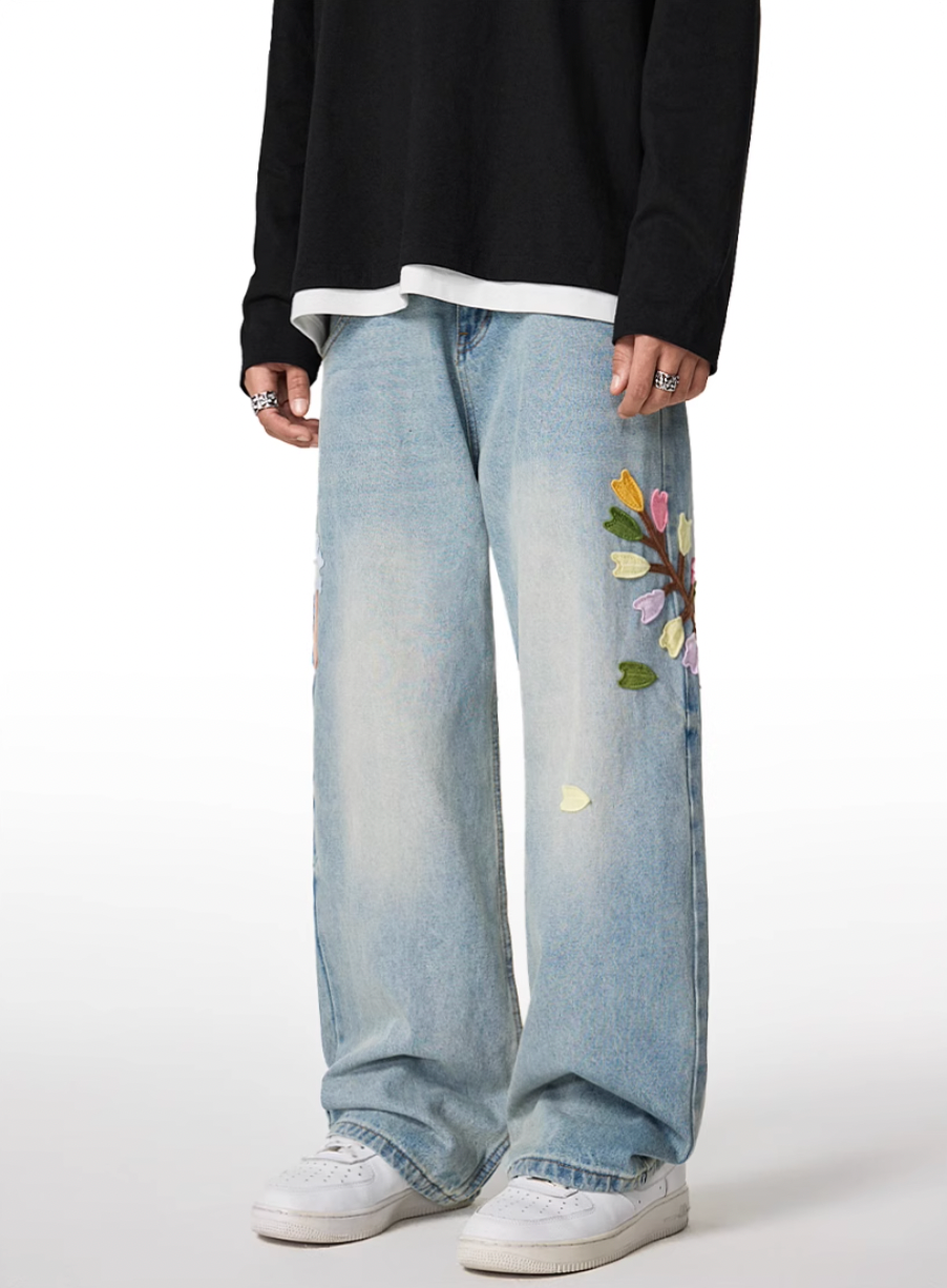 Achock Washed Flower Embroidered Jeans | Face 3 Face
