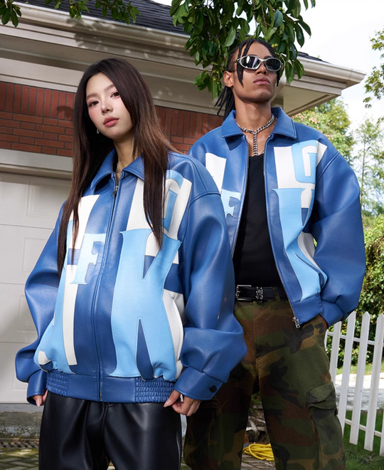 AFGK Large Logo Color Block Racing Leather Jacket | Face 3 Face