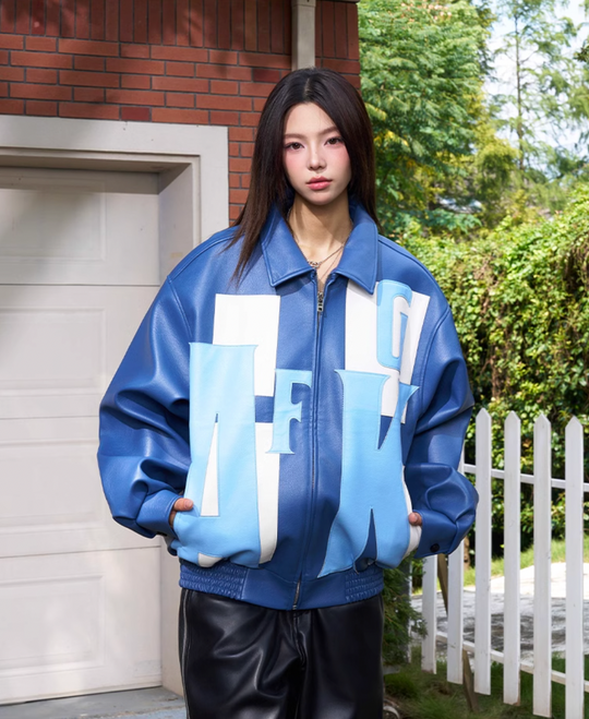 AFGK Large Logo Color Block Racing Leather Jacket | Face 3 Face