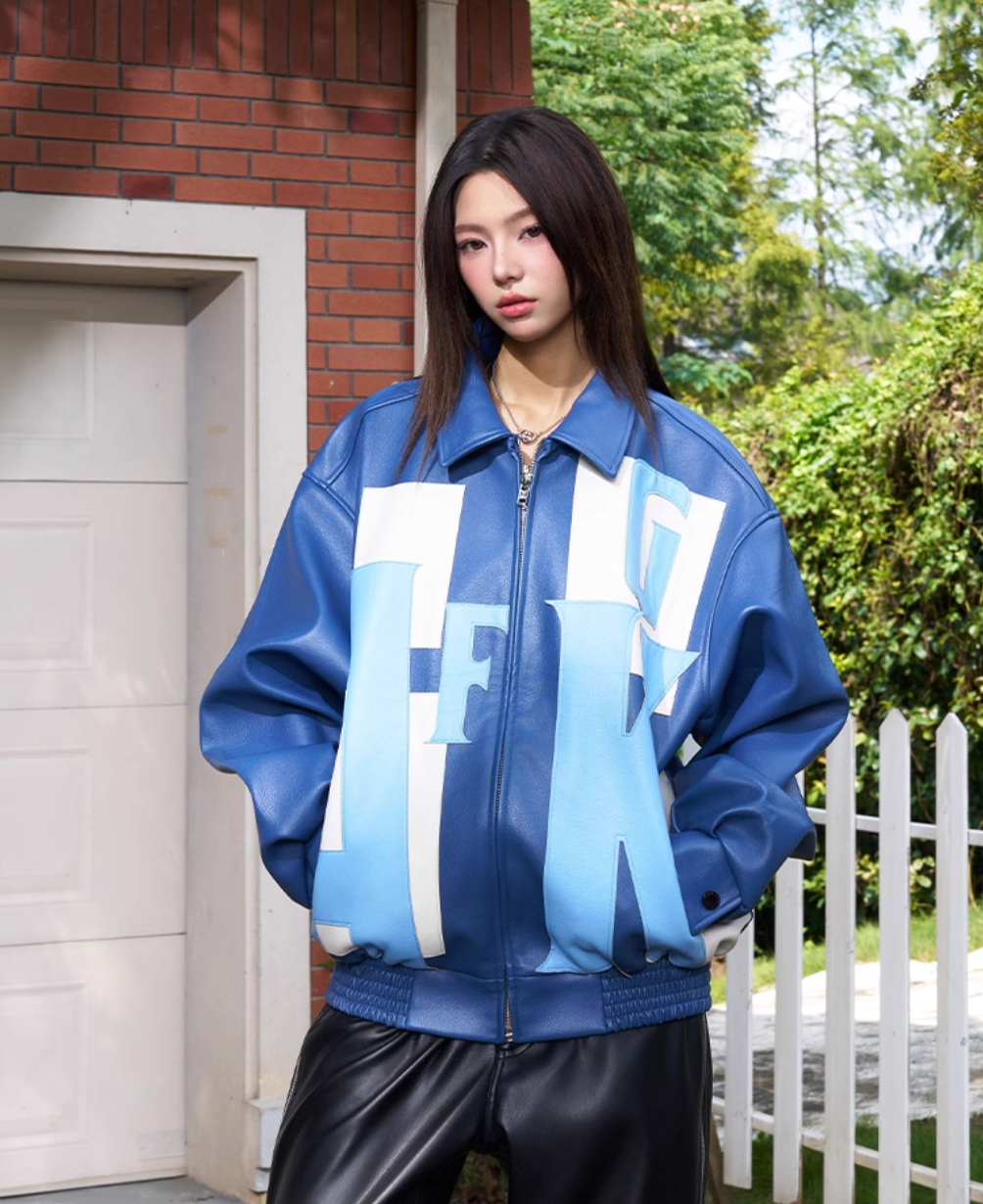 AFGK Large Logo Color Block Racing Leather Jacket | Face 3 Face