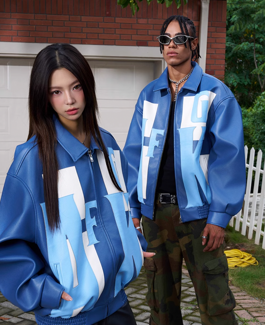 AFGK Large Logo Color Block Racing Leather Jacket | Face 3 Face