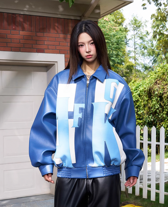 AFGK Large Logo Color Block Racing Leather Jacket | Face 3 Face