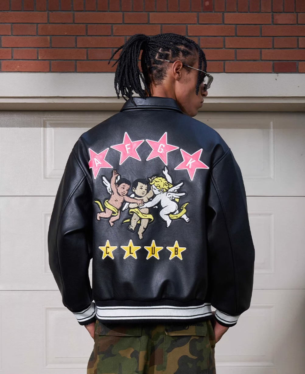 AFGK Star Angel Embroidered Racing Leather Jacket | Face 3 Face
