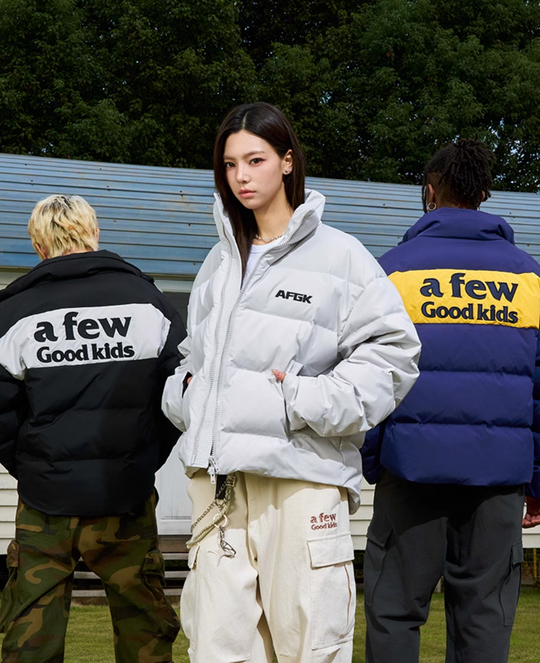 AFGK Contrasting Color Logo Embroidered Down Jacket | Face 3 Face
