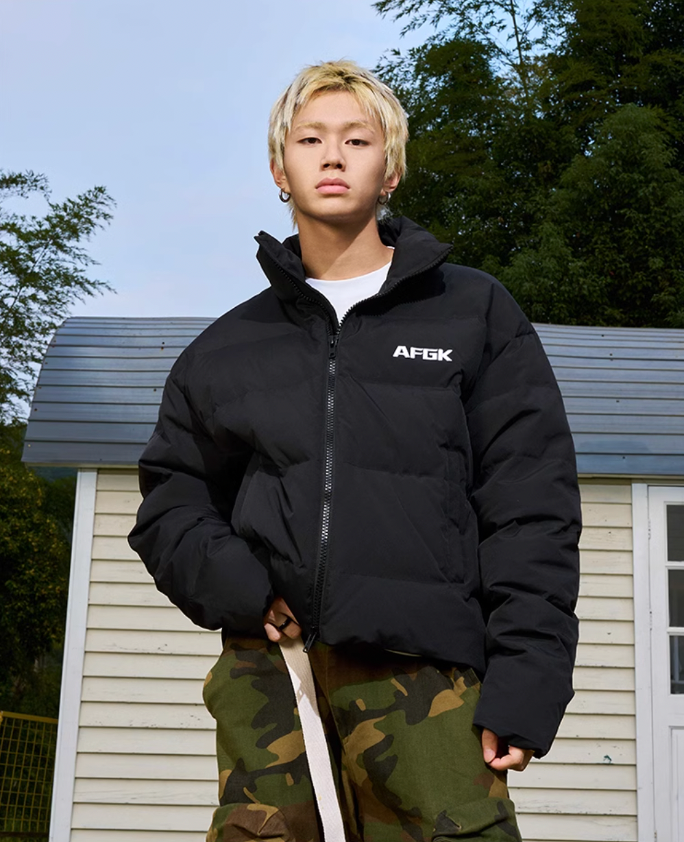 AFGK Contrasting Color Logo Embroidered Down Jacket | Face 3 Face