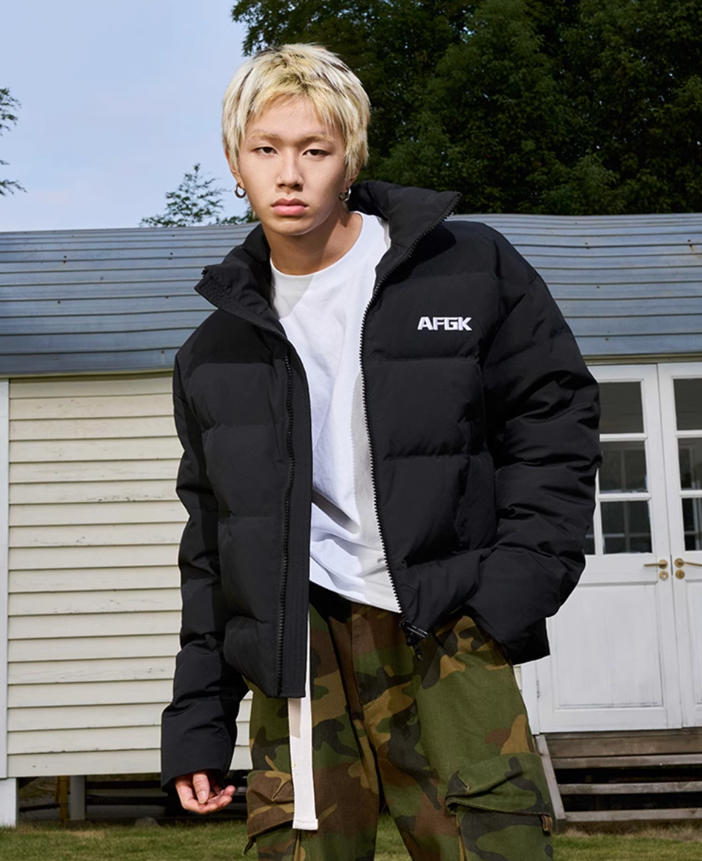 AFGK Contrasting Color Logo Embroidered Down Jacket | Face 3 Face