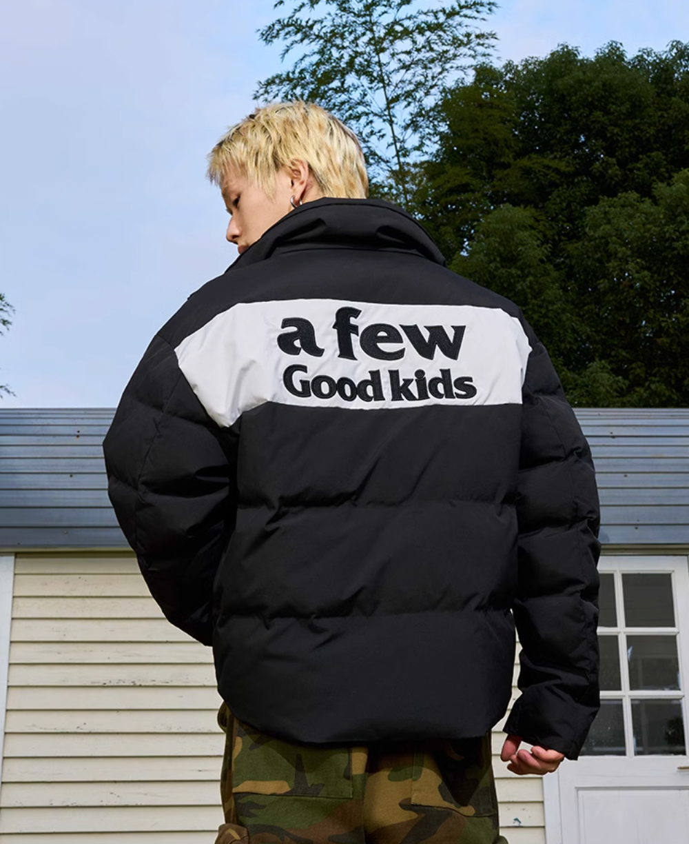 AFGK Contrasting Color Logo Embroidered Down Jacket | Face 3 Face