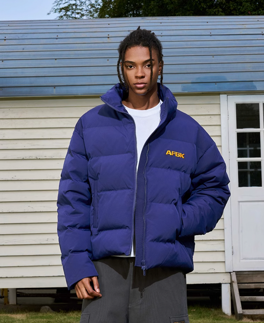 AFGK Contrasting Color Logo Embroidered Down Jacket | Face 3 Face