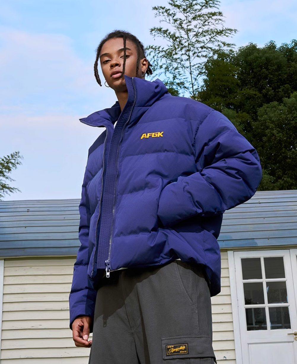 AFGK Contrasting Color Logo Embroidered Down Jacket | Face 3 Face