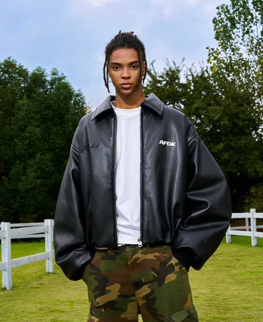 AFGK Embroidered Leather Short Bomber Jacket | Face 3 Face