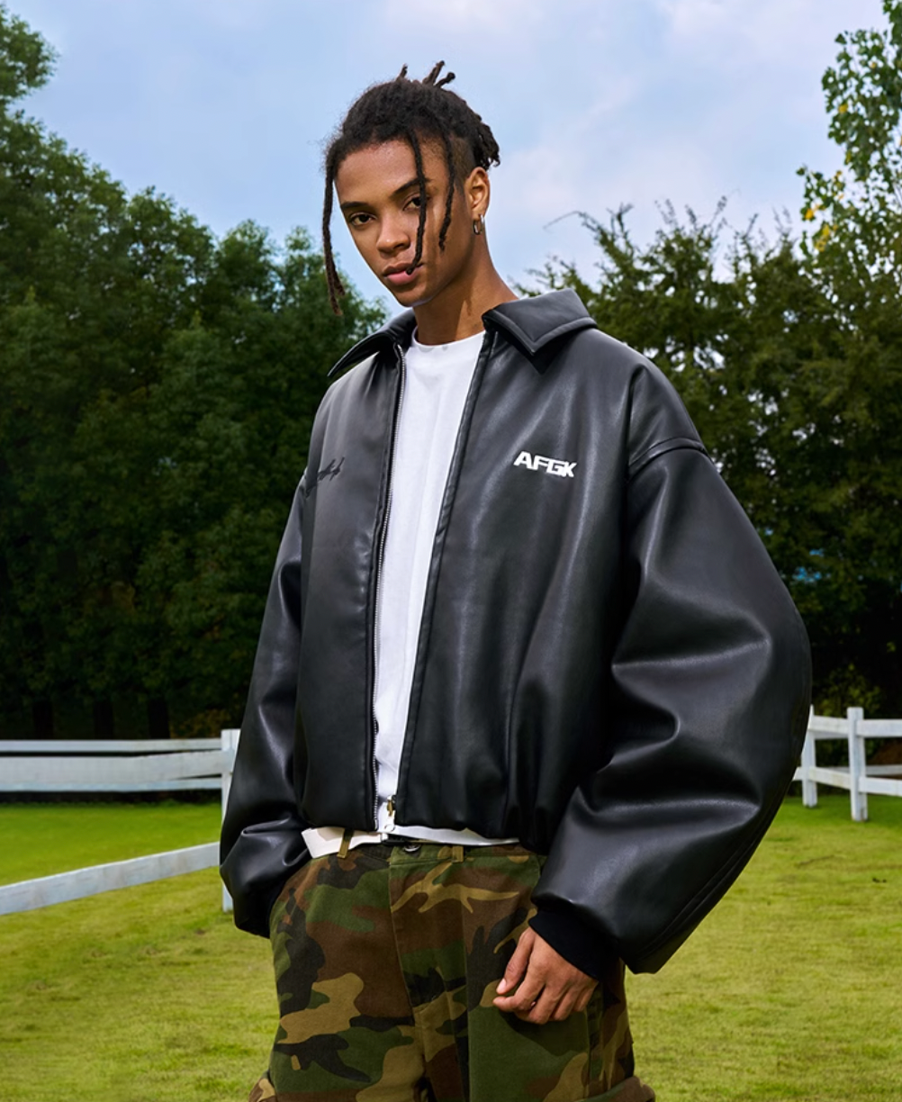 AFGK Embroidered Leather Short Bomber Jacket | Face 3 Face