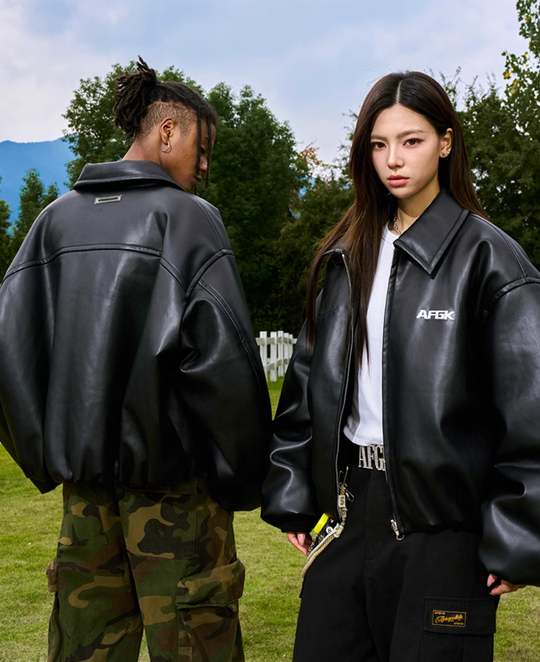 AFGK Embroidered Leather Short Bomber Jacket | Face 3 Face